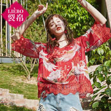 裂帛2018夏装新款气质五分袖蕾丝拼接套头衫宽松雪纺衫女51180127图片