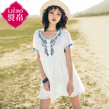 裂帛旗舰店2018夏新款气质圆领刺绣雪纺裙开襟落肩短袖连衣裙女图片