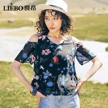 裂帛2018夏装新款前后V领短袖上衣气质露肩印花雪纺衫女51172010图片