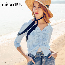 裂帛2018夏装新款淑女V领重工刺绣七分袖纽扣百搭风开襟针织衫女图片