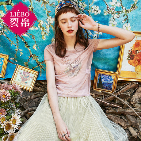 裂帛旗舰店2018夏装新款圆领印花短袖上衣两件套休闲T恤女半袖商品大图