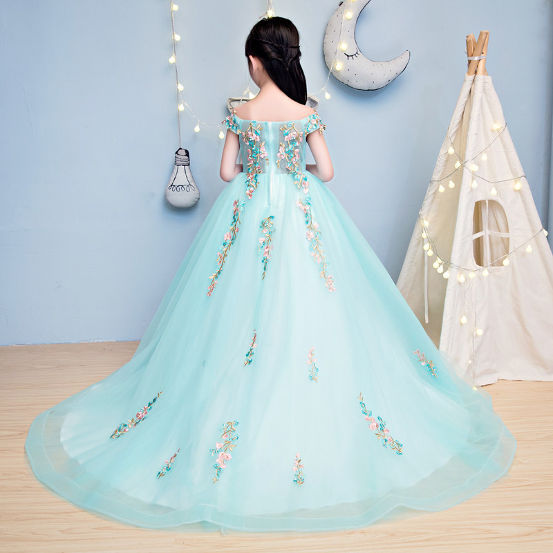 儿童礼服裙花童拖尾晚礼服一字肩公主裙女童钢