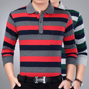 真口袋春秋款带领长袖t恤休闲打底男装大码翻领条纹Polo衫爸爸装