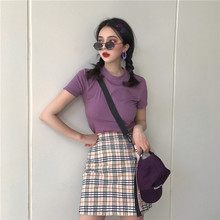 格纹高腰A字半身裙 T恤女 韩国紫色短袖 复古港风chic2018夏季新款