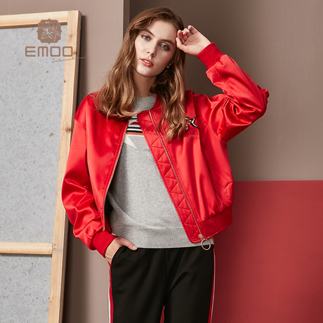 Emoo杨门秋冬女装加棉棒球服秋冬新品短外套长袖刺绣飞行员夹克女商品大图