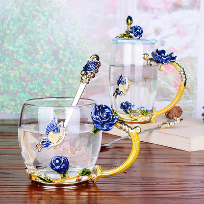 珐琅彩水杯茶杯子家用耐高温玻璃杯珐琅杯花茶杯送女友礼品定制
