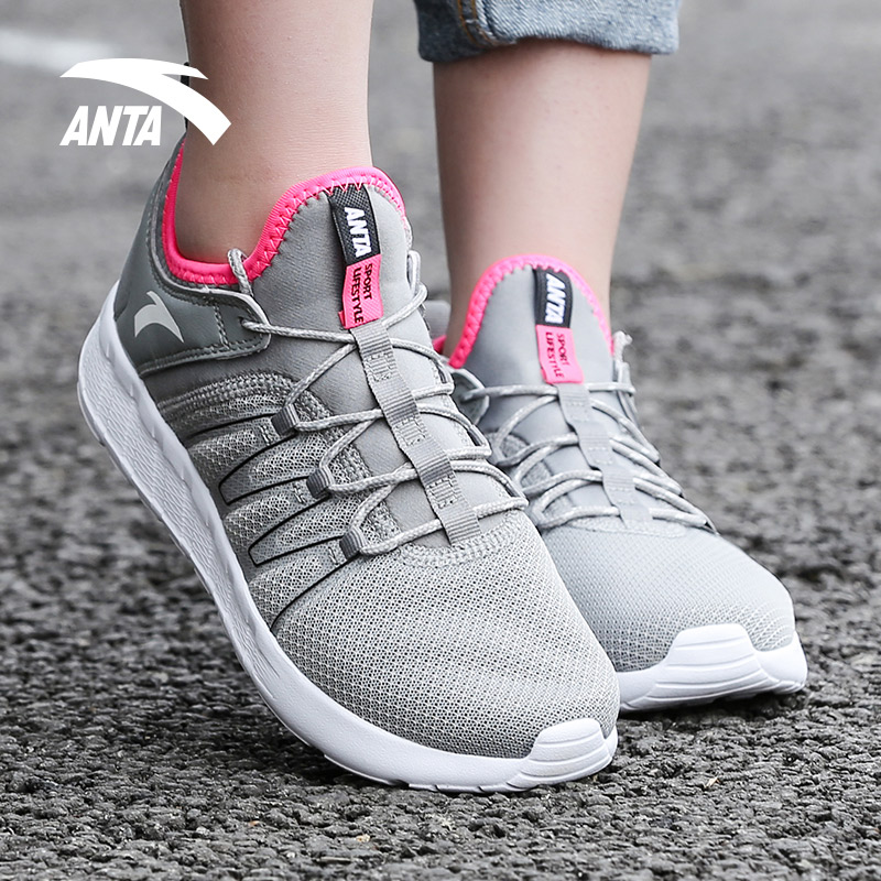 安踏运动鞋女鞋2018春季新款皮面网面透气跑