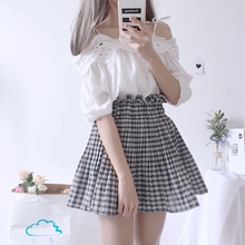 高腰花苞白褶格子半身裙 上衣女 吊带衬衫 日系软妹风蕾丝花边短袖