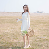 修身 显瘦气质甜美小清新镂空针织打底两件套连衣裙女 2019春季新款