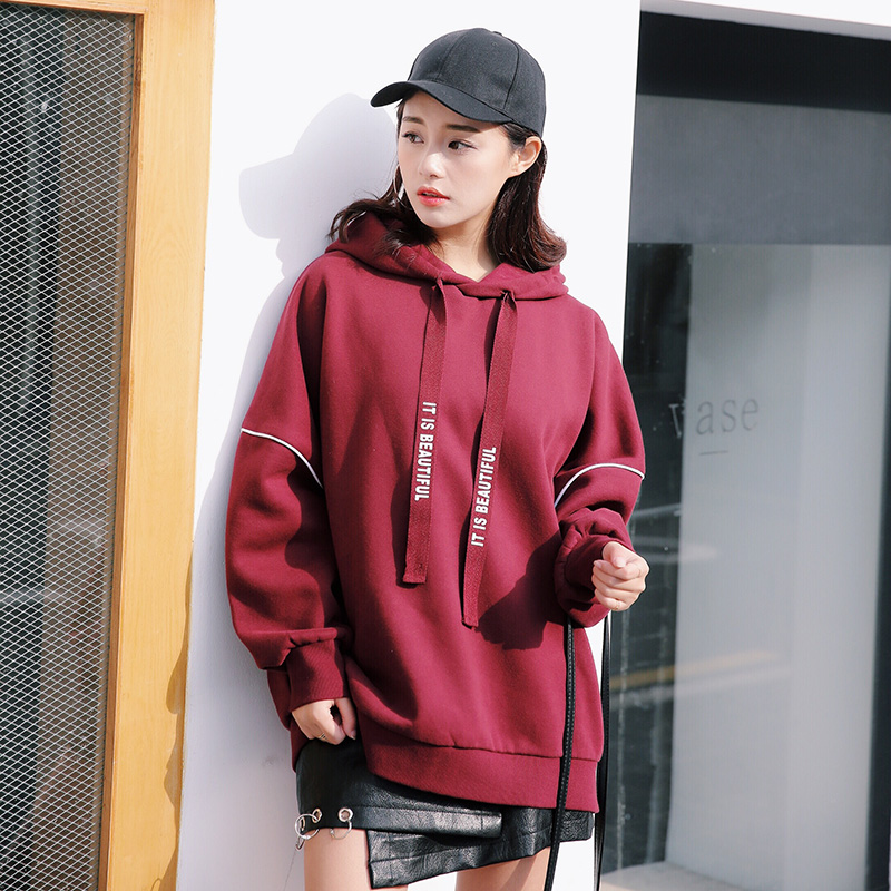 冬酒红色卫衣女套头连帽韩版bf宽松oversize潮