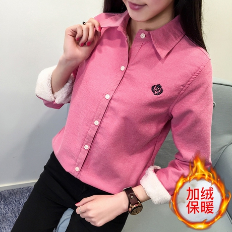 新品2018女装秋冬韩版加绒加厚保暖长袖衬衫加棉打底衬衣潮流外搭商品大图