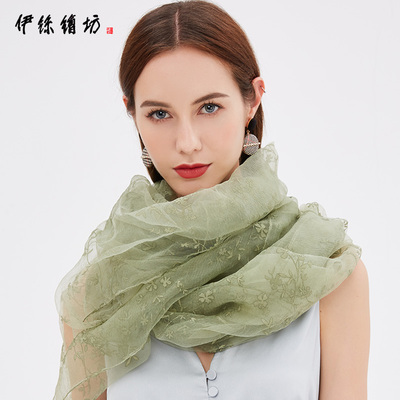 刺绣仿真丝丝 韩版绣花加大围巾 女春秋翠绿色纱巾 轻薄加长丝巾