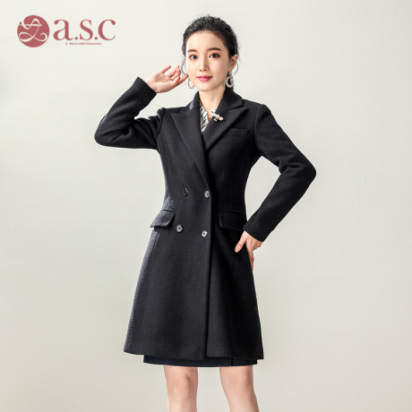艾尚臣秋冬新款韩版赫本风毛呢大衣女中长款职业装黑色呢子外套商品大图
