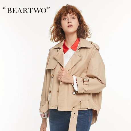 【商场同款】BEARTWO 秋冬新款黑色短款外套小风衣女外套商品大图