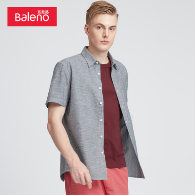Baleno/班尼路男士衬衫 纯色休闲短袖衬衣男 青年半袖棉麻衣服