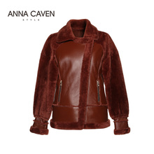 ANNA CAVEN2017秋新款女装时尚酷感拼接羊毛皮革拉链皮草外套短款图片