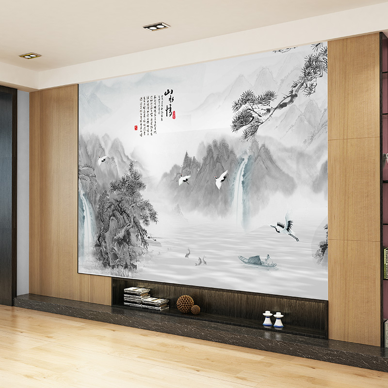 新中式山水画墙纸墙布无缝定制壁纸壁画酒店家居展厅会议室背景墙