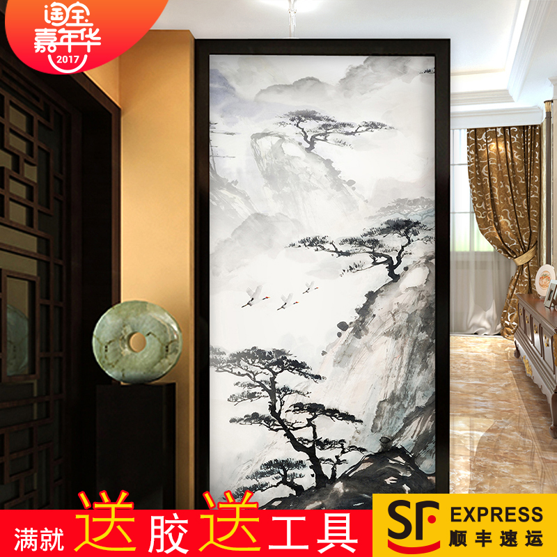 玄关水墨国画墙纸竖版中式家居客厅壁画手绘过道挂画定制墙布山水