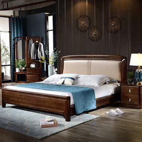 中式全实木床1.8米双人床胡桃木现代环保真皮靠背婚床主卧家具905