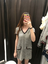 撞色带饰双口袋斜纹软呢V领短袖 826 连衣裙7960 18秋季新款 ETJ女装