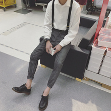百搭男士 背带裤 2017秋装 修身 潮流小脚裤 青少年韩版 条纹休闲裤 新款