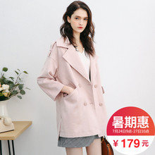 风衣女中长款韩版春季2018新款拉夏贝尔拉贝缇仿麂皮绒粉色外套女图片