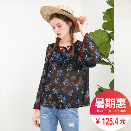 拉夏贝尔雪纺衫长袖女2018春夏新款韩版微透宽松上衣碎花小衫薄商品大图