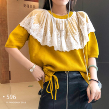 方向e佳e2019春季新款蕾丝披肩兔绒毛衣女宽松时尚中袖上衣596