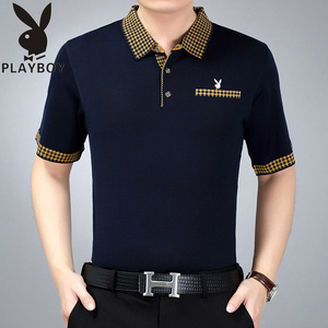 花花公子中年男士短袖t恤桑蚕丝宽松翻领冰丝半袖40-50岁爸爸装