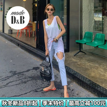【热巴机场同款】新款韩版女装高腰破洞露肤牛仔裤
