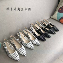 包头浅口格子刺绣字母带网面凉鞋 蝴蝶结猫跟高跟鞋 D家19S早春新款