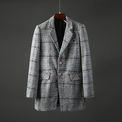 特价新款男士修身毛呢外套秋冬时尚百搭格子中长款男装大衣1301