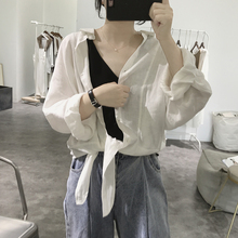 女秋季打结系带宽松显瘦长袖 棉麻蝙蝠上衣防晒衫 简约韩版 亚麻衬衫