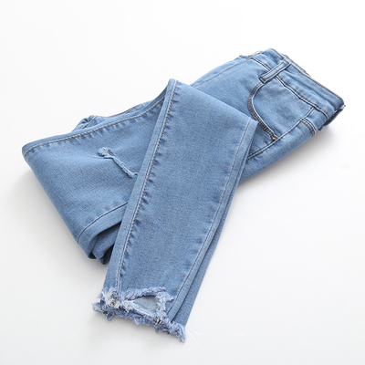 高腰膝盖破洞牛仔裤女小脚9分裤紧身韩国大码