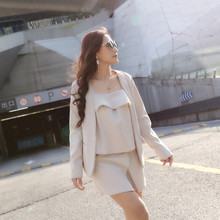 外套女吊带背心裙裤 三件套 显瘦薄款 纯色格子休闲西装 2018春夏新款