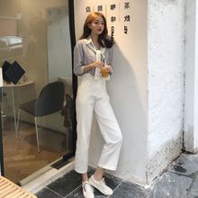 港味复古chic时尚百搭可拆卸披肩翻领条纹衬衫+花苞休闲裤两件套