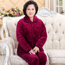 家居服 女冬季中老年人睡衣保暖珊瑚绒三层加厚法兰绒夹棉妈妈大码