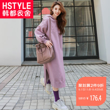 韩都衣舍2018韩版女装秋装刺绣中长款开叉蕾丝加绒连衣裙EK8764囡图片