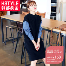韩都衣舍2018韩版女装秋装新款气质牛仔拼接长袖连衣裙LU8413荃图片