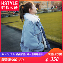 韩都衣舍2018冬装新款女装韩版毛领短款加厚牛仔棉衣棉服IG8245僥图片