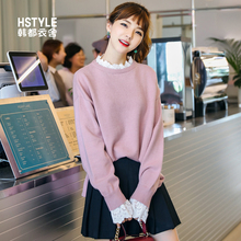 韩都衣舍2019春装新款女装韩版假两件蕾丝针织衫毛衣JM7259蒖