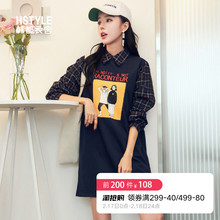 韩都衣舍2018新款女装冬装显瘦印花格子直筒长袖连衣裙CQ8496莀