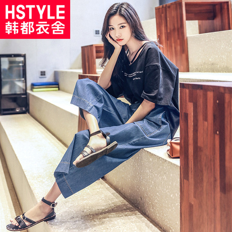韩都衣舍2018秋装女装新款韩版宽松松紧阔腿九分牛仔裤MY9176沐商品大图