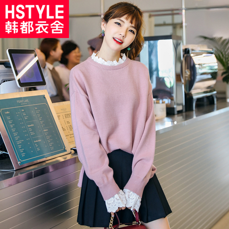 韩都衣舍2018秋装新款女装韩版套头假两件蕾丝针织衫毛衣JM7259蒖商品大图