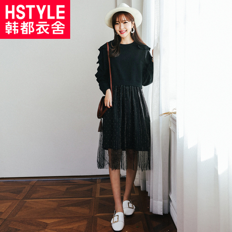 韩都衣舍2018新款女装秋装韩版裙子假两件长袖拼接连衣裙IG8224僥商品大图