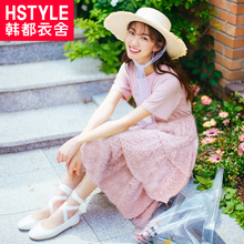 韩都衣舍2018夏装新款女装韩版拼接流苏蛋糕裙短袖连衣裙DU9081樱
