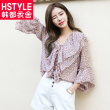 韩都衣舍2018新款女装夏装韩版显瘦印花荷叶袖雪纺衫GS9711緈图片