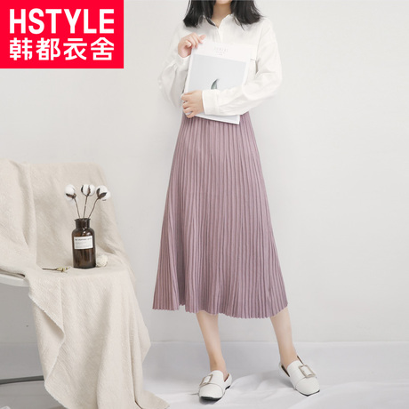 韩都衣舍2018韩版女装秋装a字修身中长款纯色淑女半身裙EK8412囡商品大图
