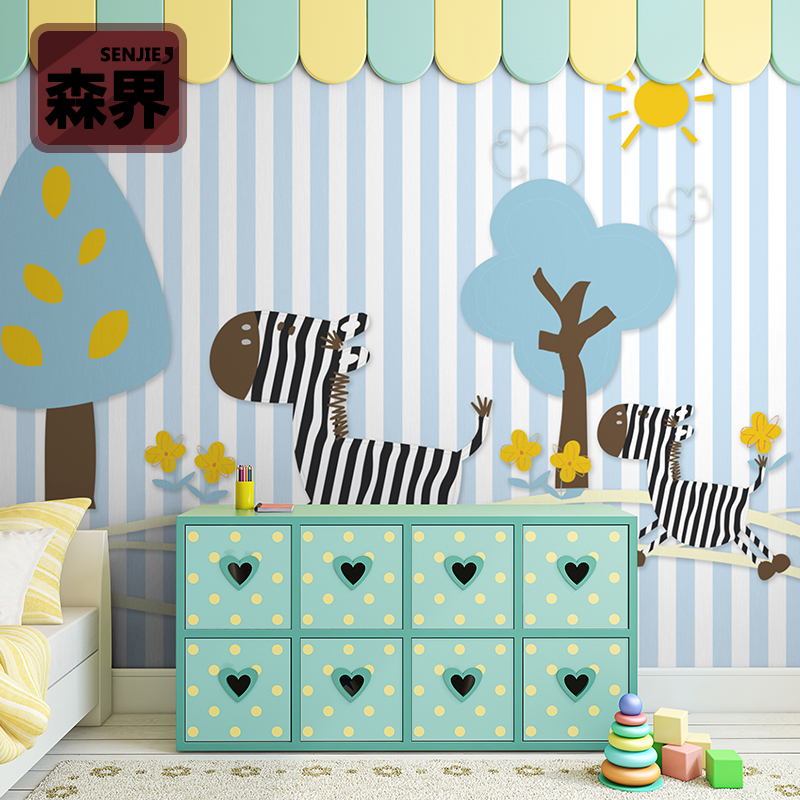 卡通斑马儿童房墙纸壁画矢量斑马条纹儿童房全