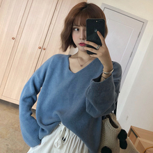 三木子秋季新款女韩版慵懒风休闲宽松V领针织衫百搭纯色套头毛衣